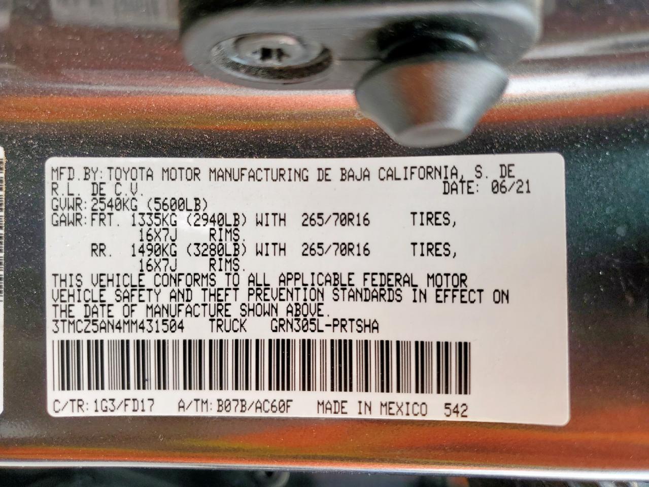 2021 Toyota Tacoma Double Cab VIN: 3TMCZ5AN4MM431504 Lot: 63406045