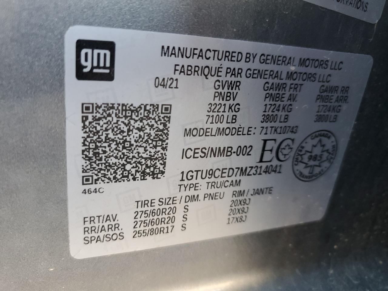 2021 GMC Sierra K1500 Elevation VIN: 1GTU9CED7MZ314041 Lot: 65120275