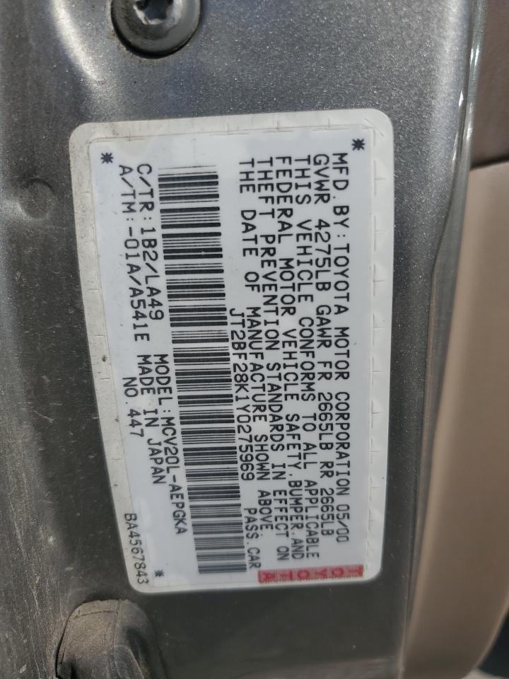 2000 Toyota Camry Le VIN: JT2BF28K1Y0275969 Lot: 65480235