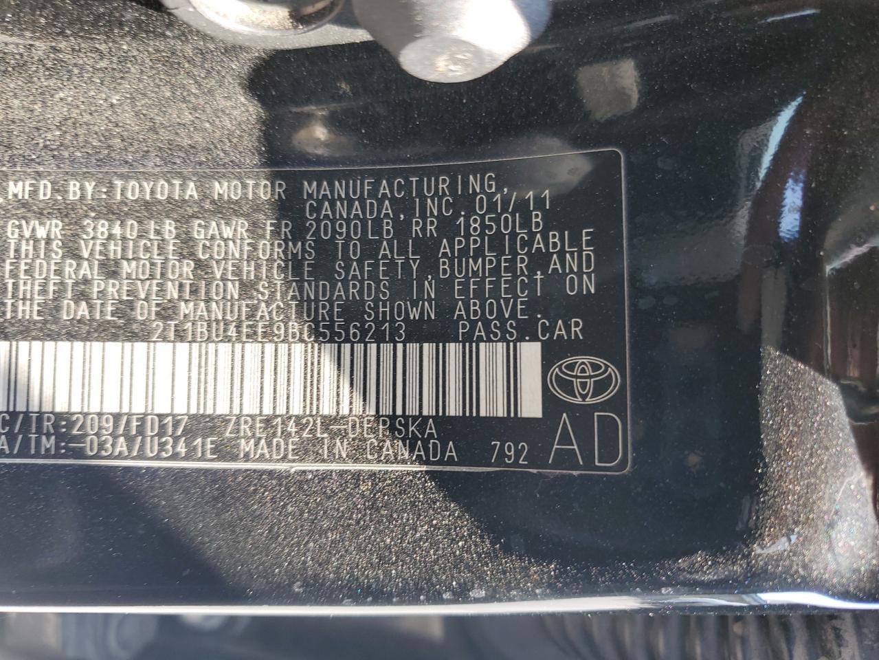 2011 Toyota Corolla Base VIN: 2T1BU4EE9BC556213 Lot: 65036765