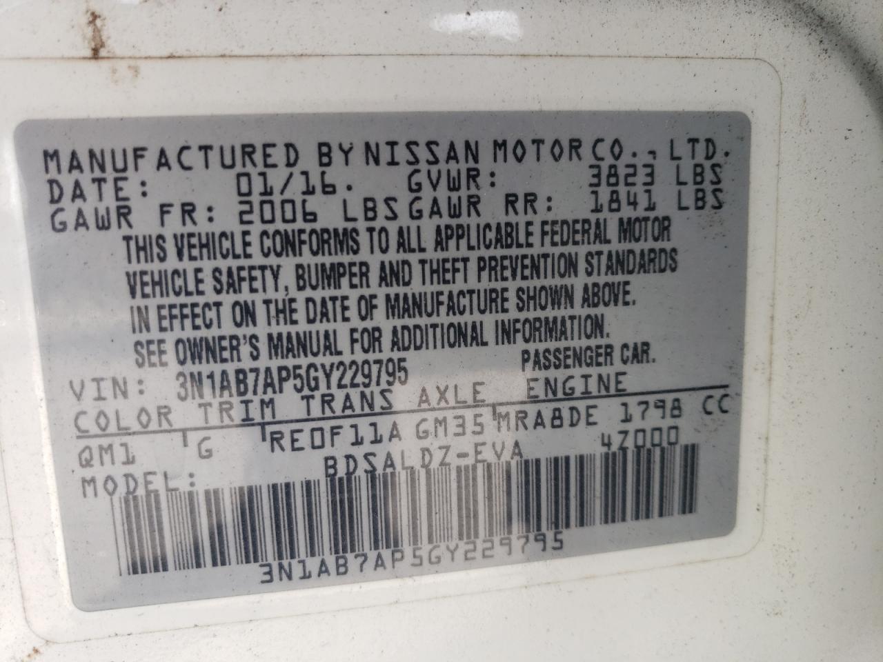 2016 Nissan Sentra S VIN: 3N1AB7AP5GY229795 Lot: 62886215