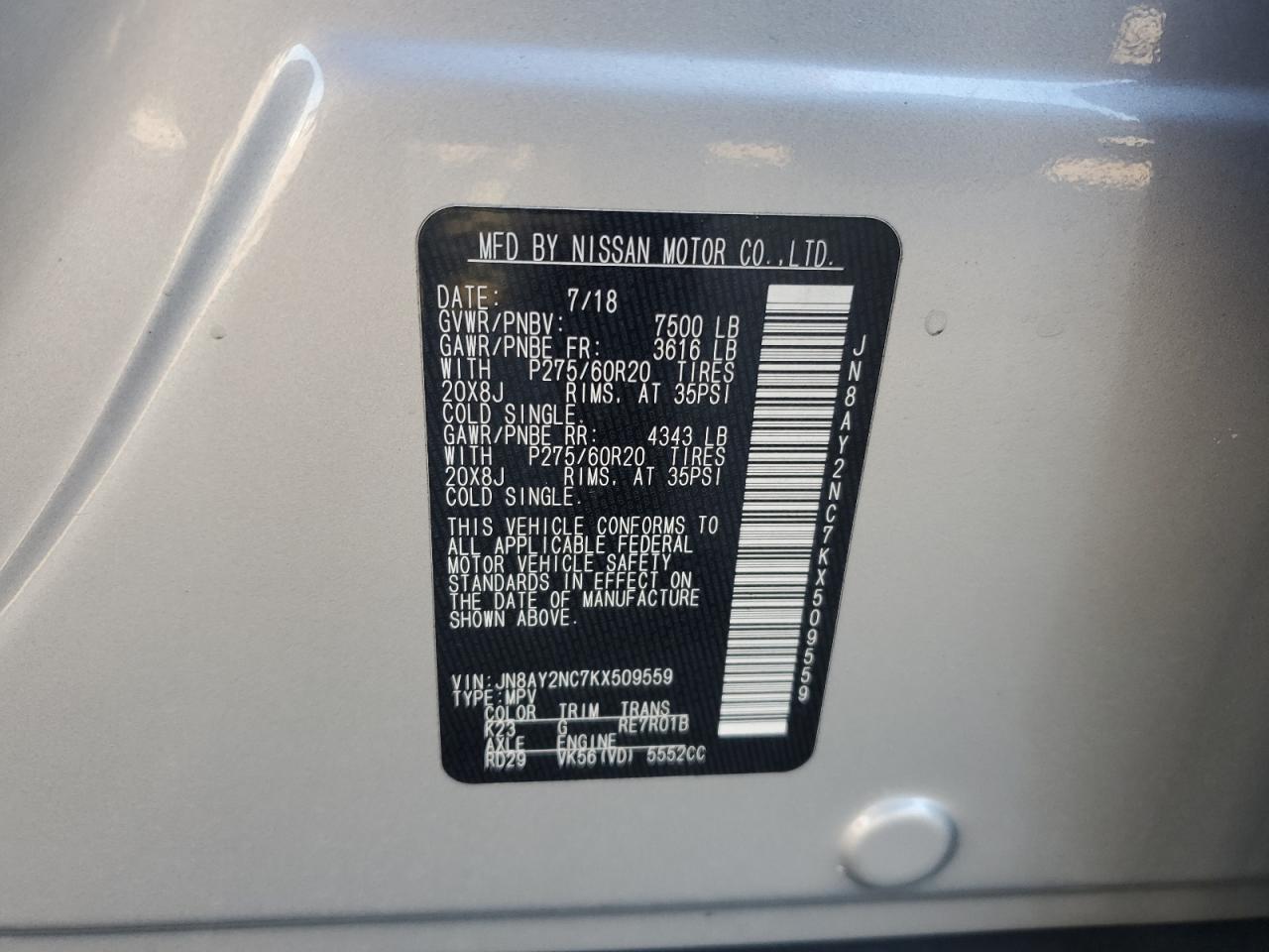 2019 Nissan Armada Sv VIN: JN8AY2NC7KX509559 Lot: 63238115