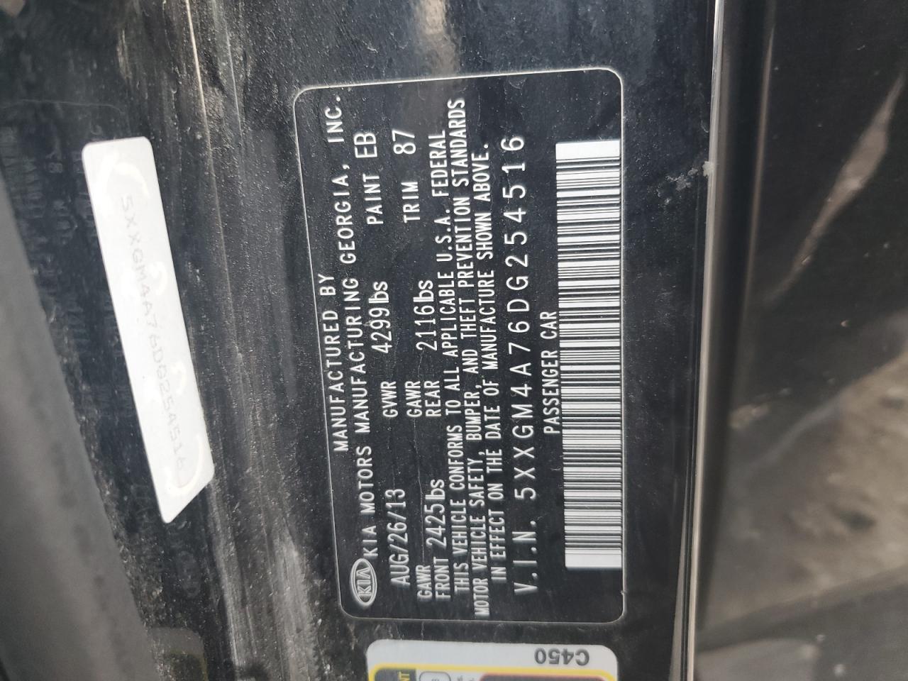 2013 Kia Optima Lx VIN: 5XXGM4A76DG254516 Lot: 65703585