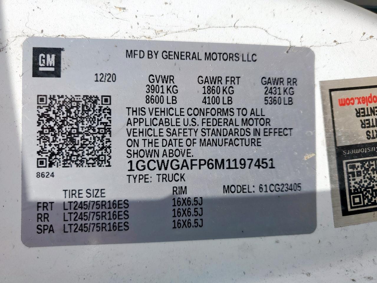 2021 Chevrolet Express G2500 VIN: 1GCWGAFP6M1197451 Lot: 64447315