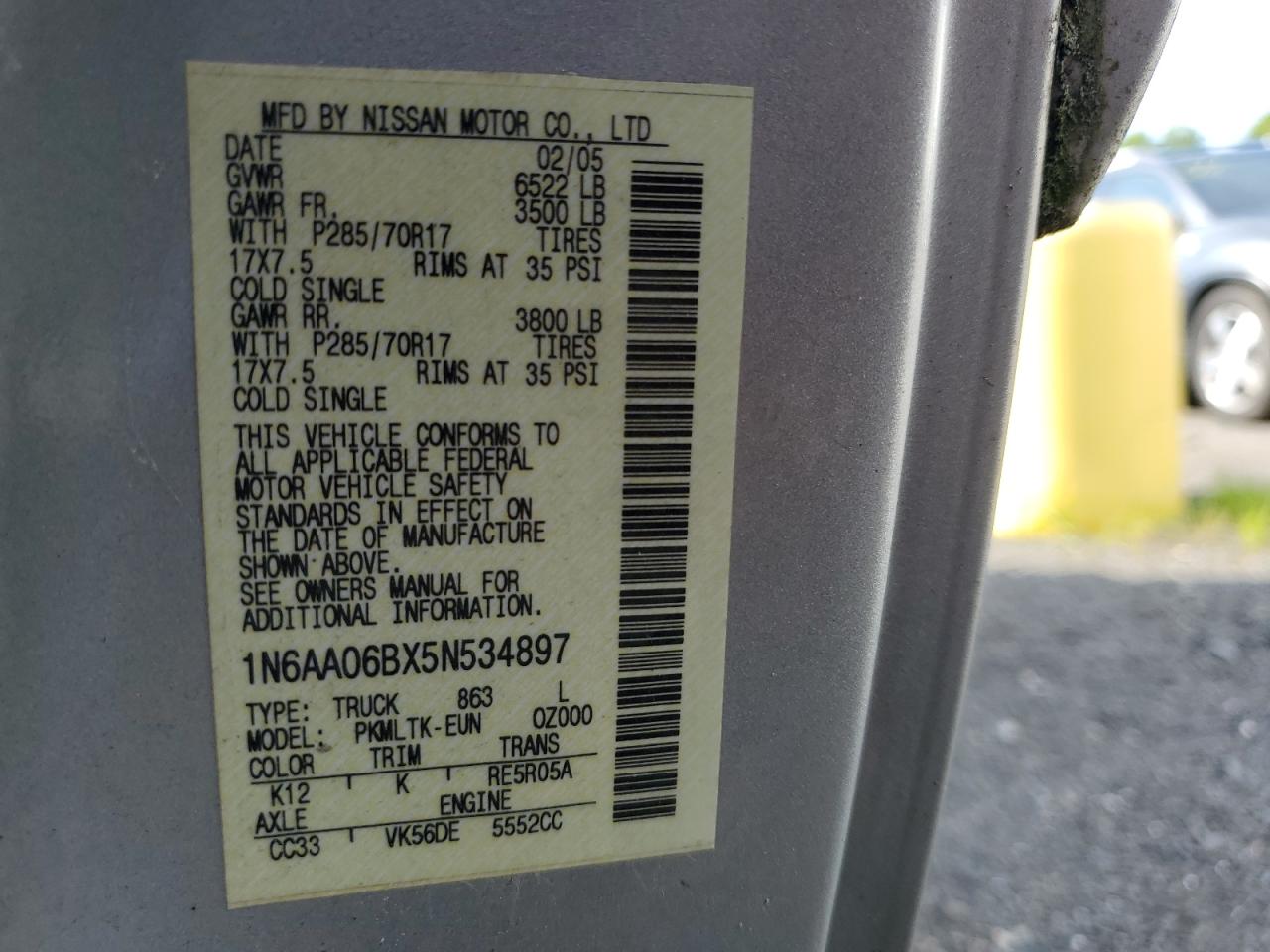 2005 Nissan Titan Xe VIN: 1N6AA06BX5N534897 Lot: 62687165