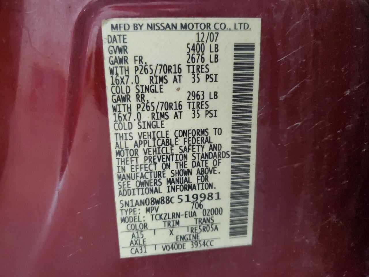 2008 Nissan Xterra Off Road VIN: 5N1AN08W88C519981 Lot: 64474125