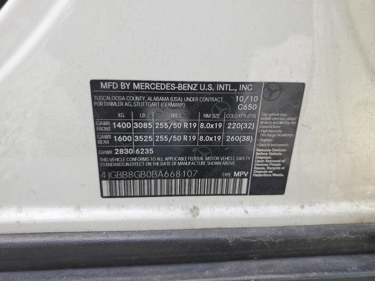 2011 Mercedes-Benz Ml 350 4Matic VIN: 4JGBB8GB0BA668107 Lot: 65730055