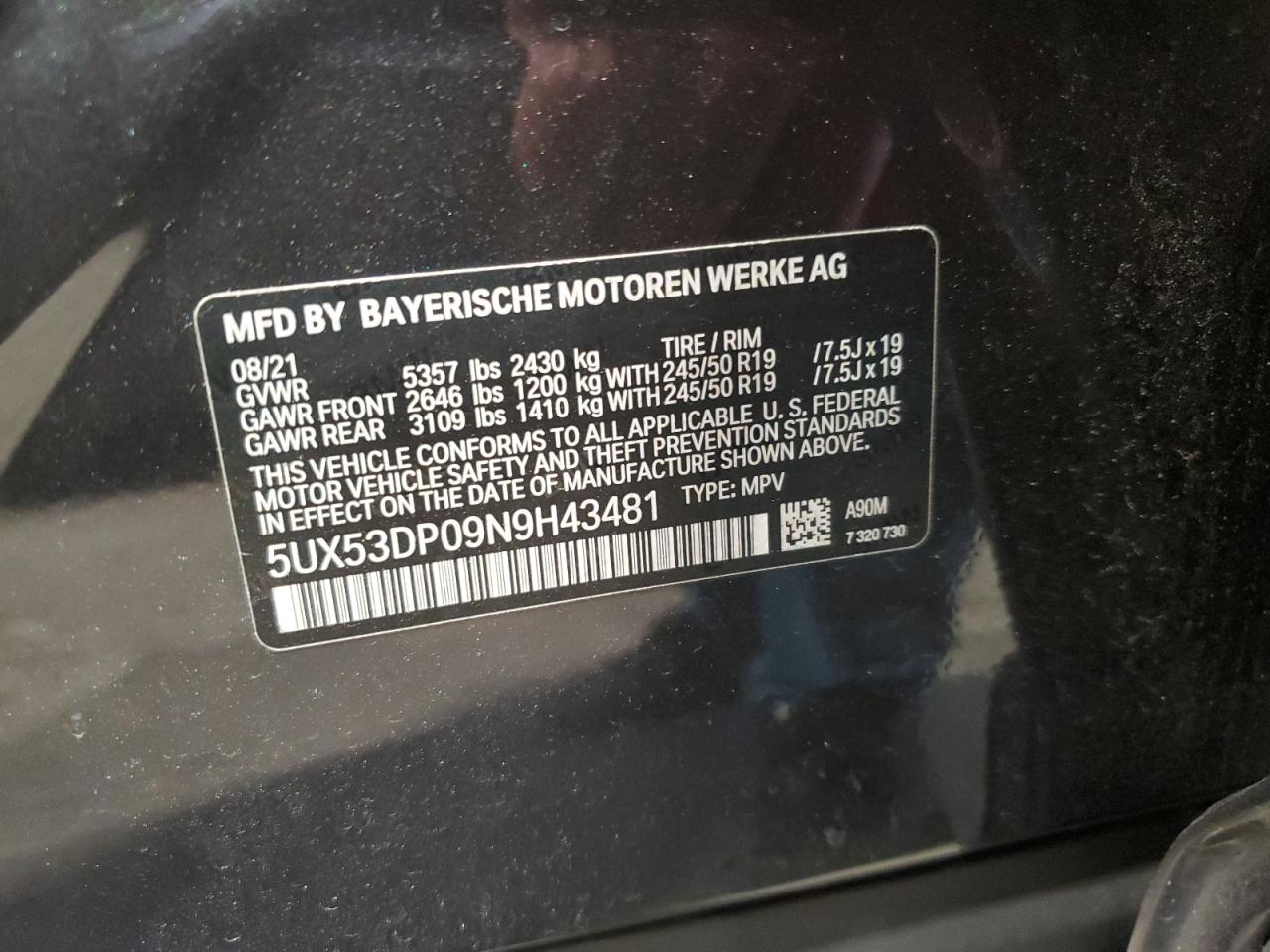 2022 BMW X3 xDrive30I VIN: 5UX53DP09N9H43481 Lot: 65174345