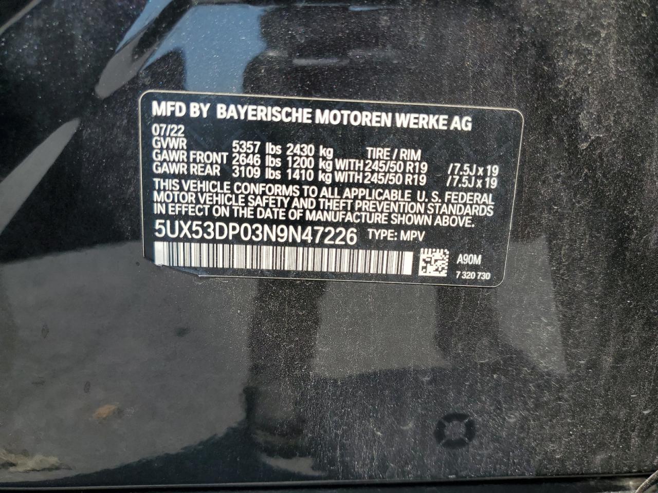 2022 BMW X3 xDrive30I VIN: 5UX53DP03N9N47226 Lot: 63231155