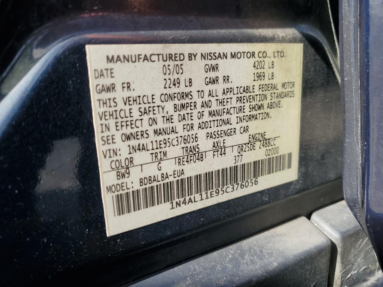 2005 Nissan Altima S VIN: 1N4AL11E95C376056 Lot: 63537025