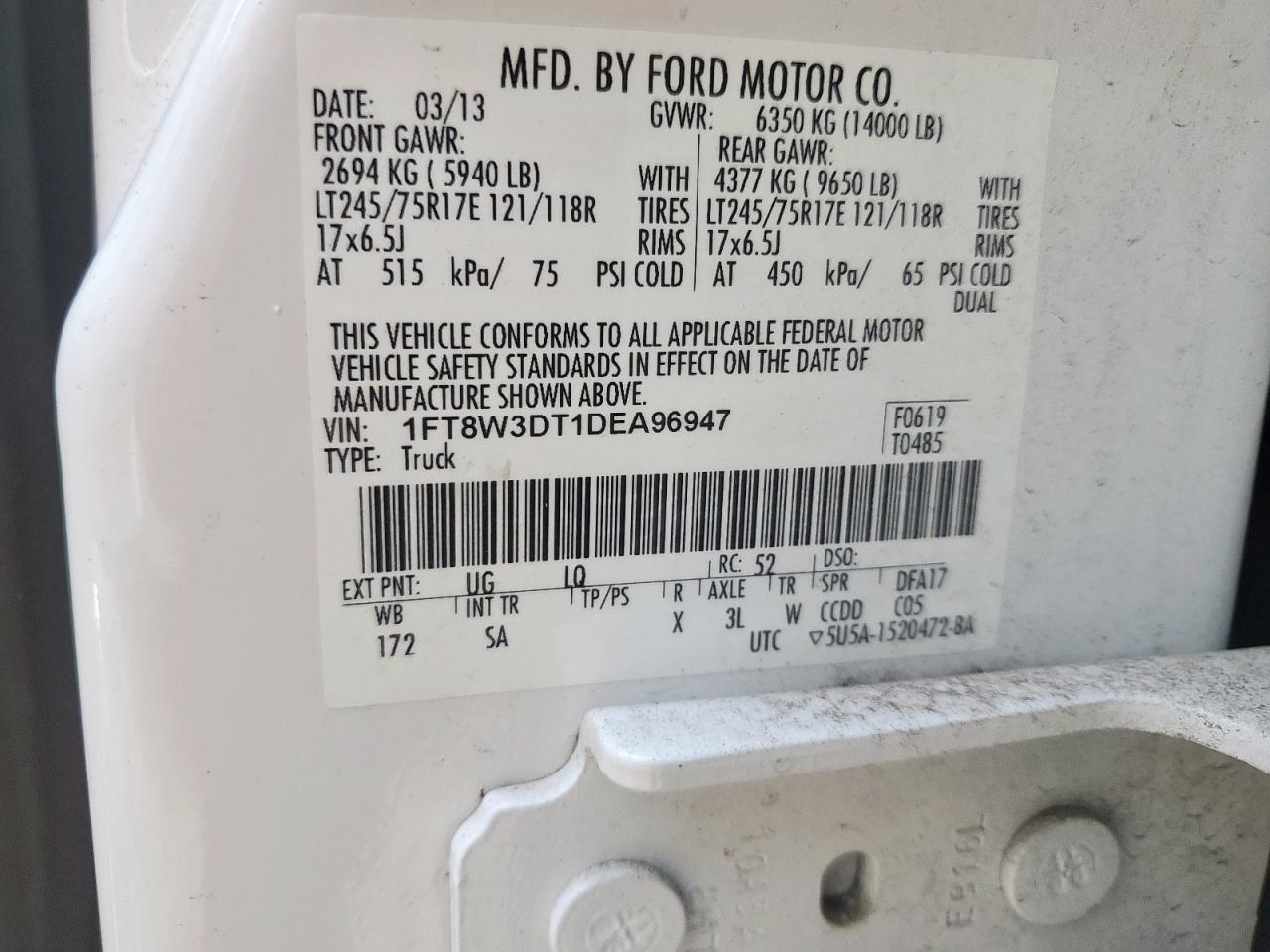 2013 Ford F350 Super Duty VIN: 1FT8W3DT1DEA96947 Lot: 63569455
