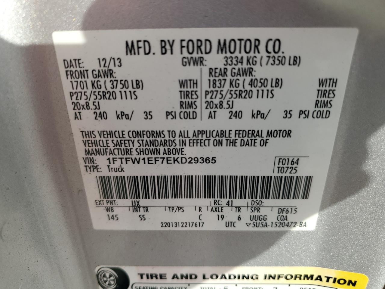 2014 Ford F150 Supercrew VIN: 1FTFW1EF7EKD29365 Lot: 66641305