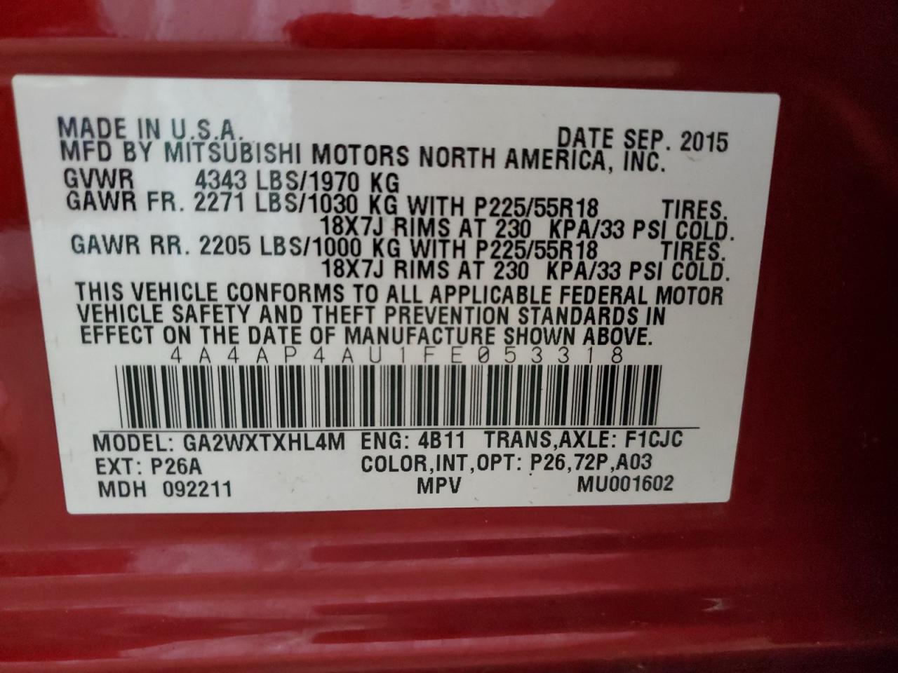 2015 Mitsubishi Outlander Sport Se VIN: 4A4AP4AU1FE053318 Lot: 65188445