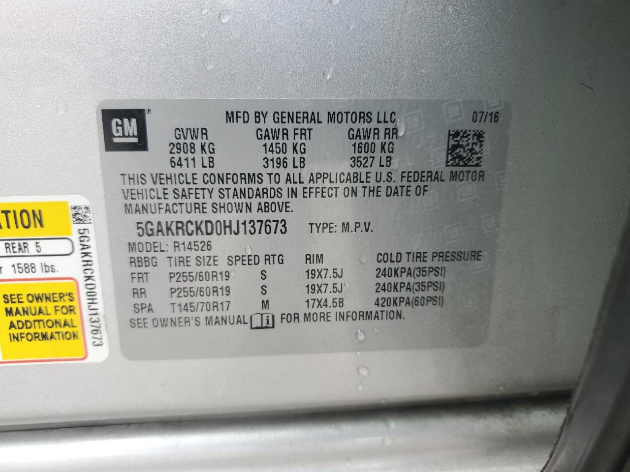 2017 Buick Enclave VIN: 5GAKRCKD0HJ137673 Lot: 64823155