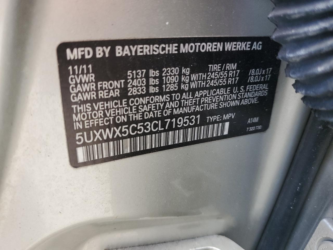 2012 BMW X3 xDrive28I VIN: 5UXWX5C53CL719531 Lot: 64477335