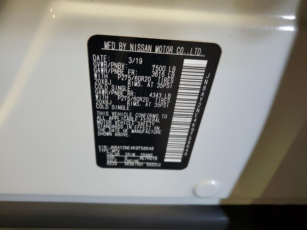 2019 Nissan Armada Platinum VIN: JN8AY2NE4K9758648 Lot: 64961325