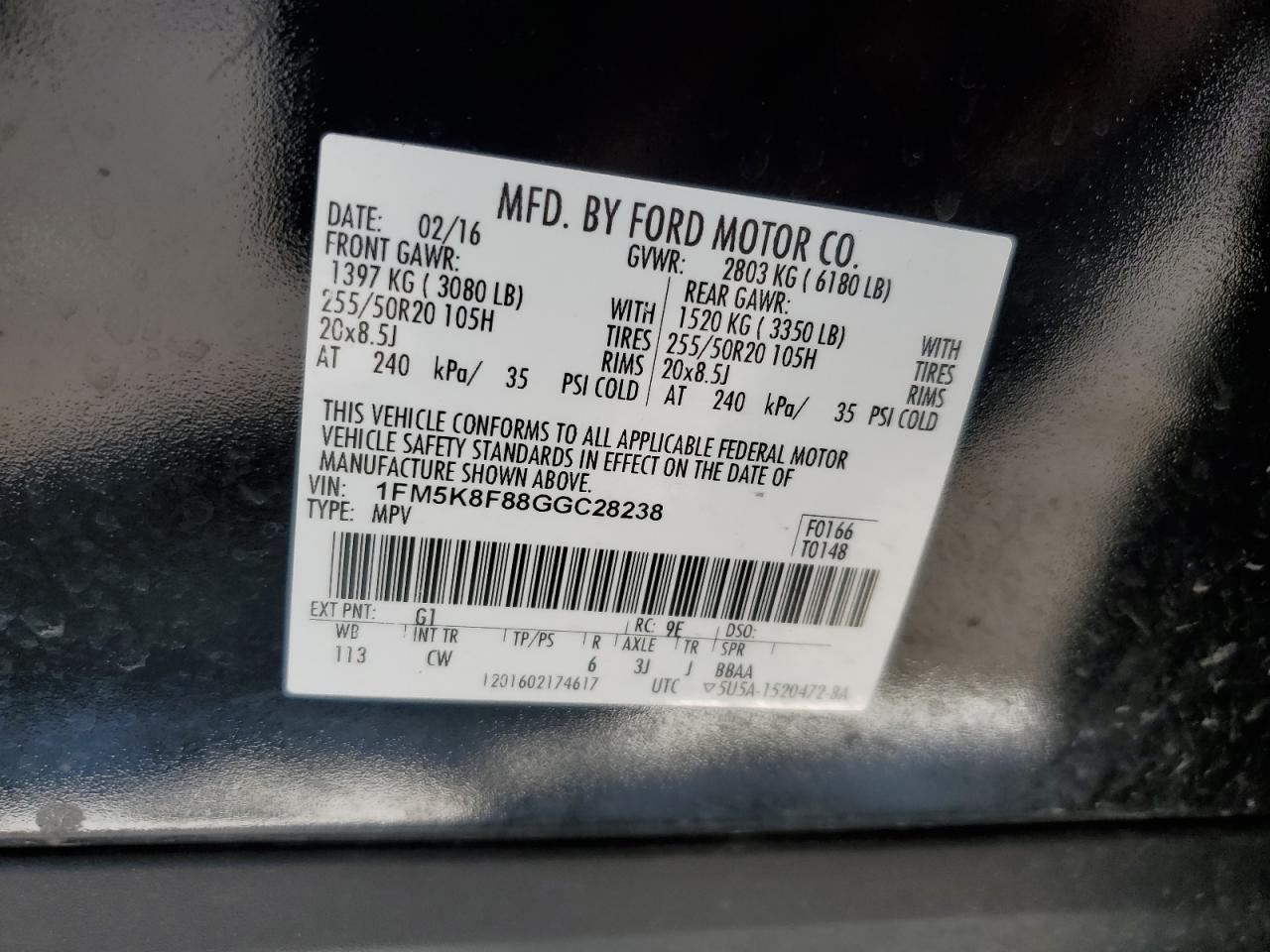 2016 Ford Explorer Limited VIN: 1FM5K8F88GGC28238 Lot: 65445675