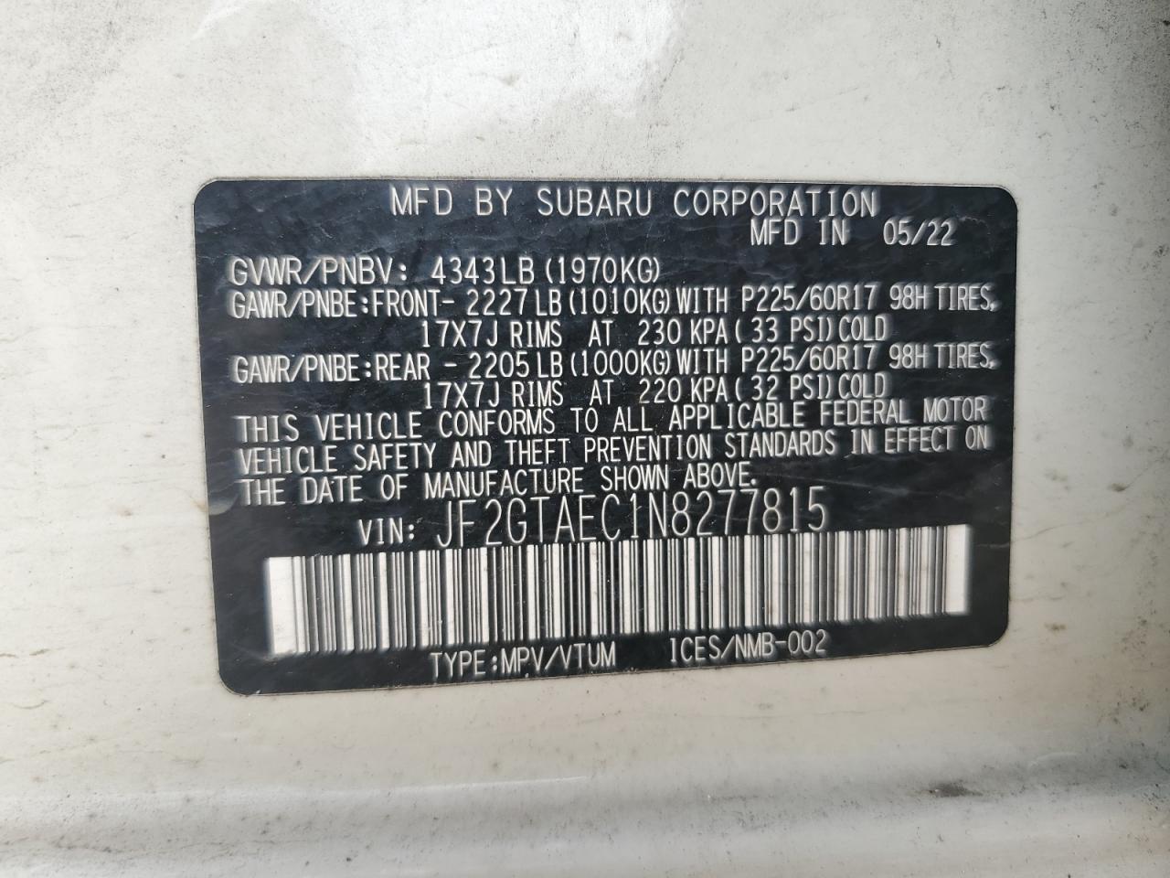 2022 Subaru Crosstrek Premium VIN: JF2GTAEC1N8277815 Lot: 63051765