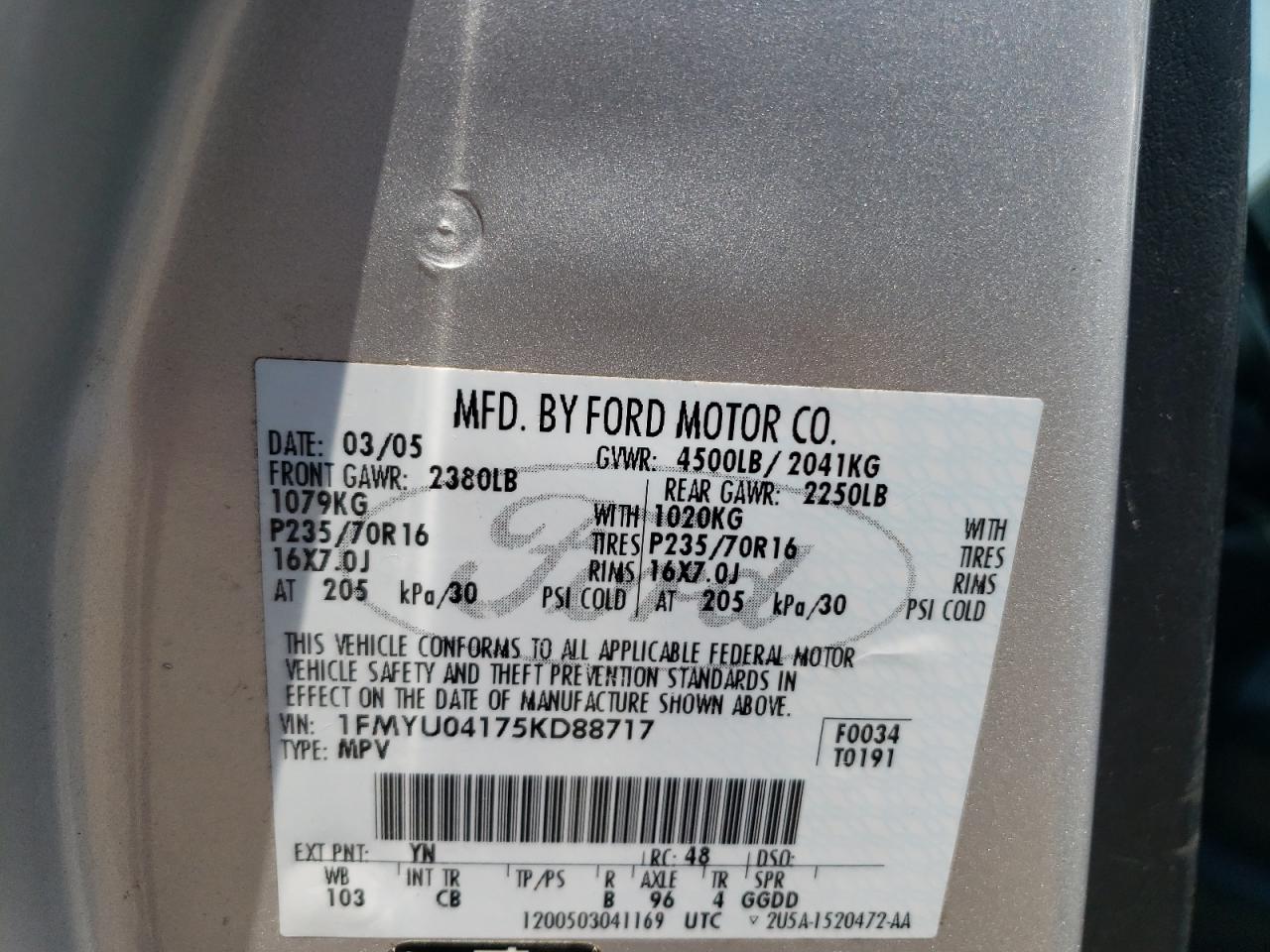 2005 Ford Escape Limited VIN: 1FMYU04175KD88717 Lot: 65957955