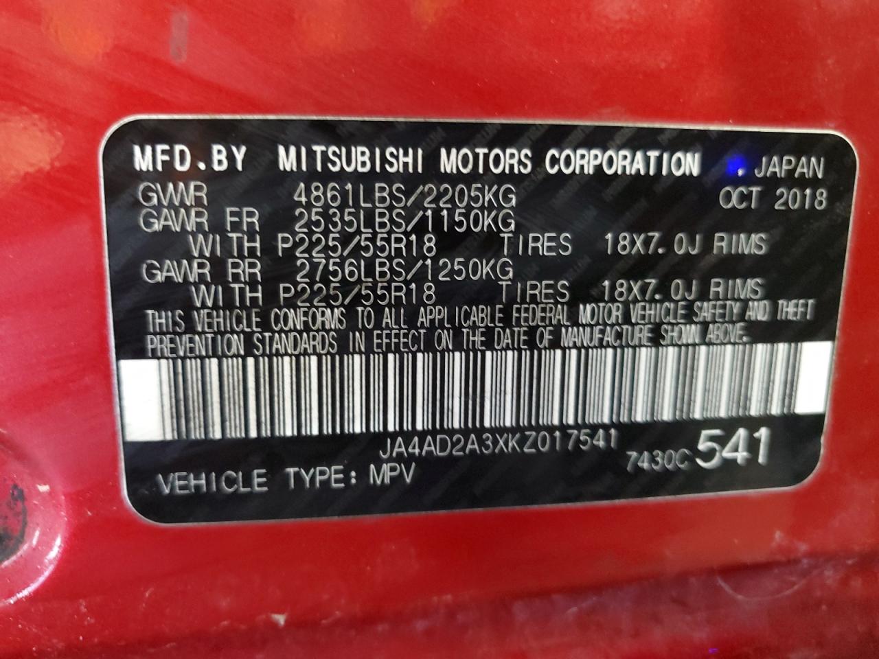 2019 Mitsubishi Outlander Es VIN: JA4AD2A3XKZ017541 Lot: 65962945