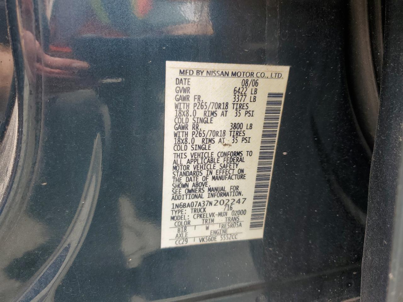 2007 Nissan Titan Xe VIN: 1N6BA07A37N202247 Lot: 63466485