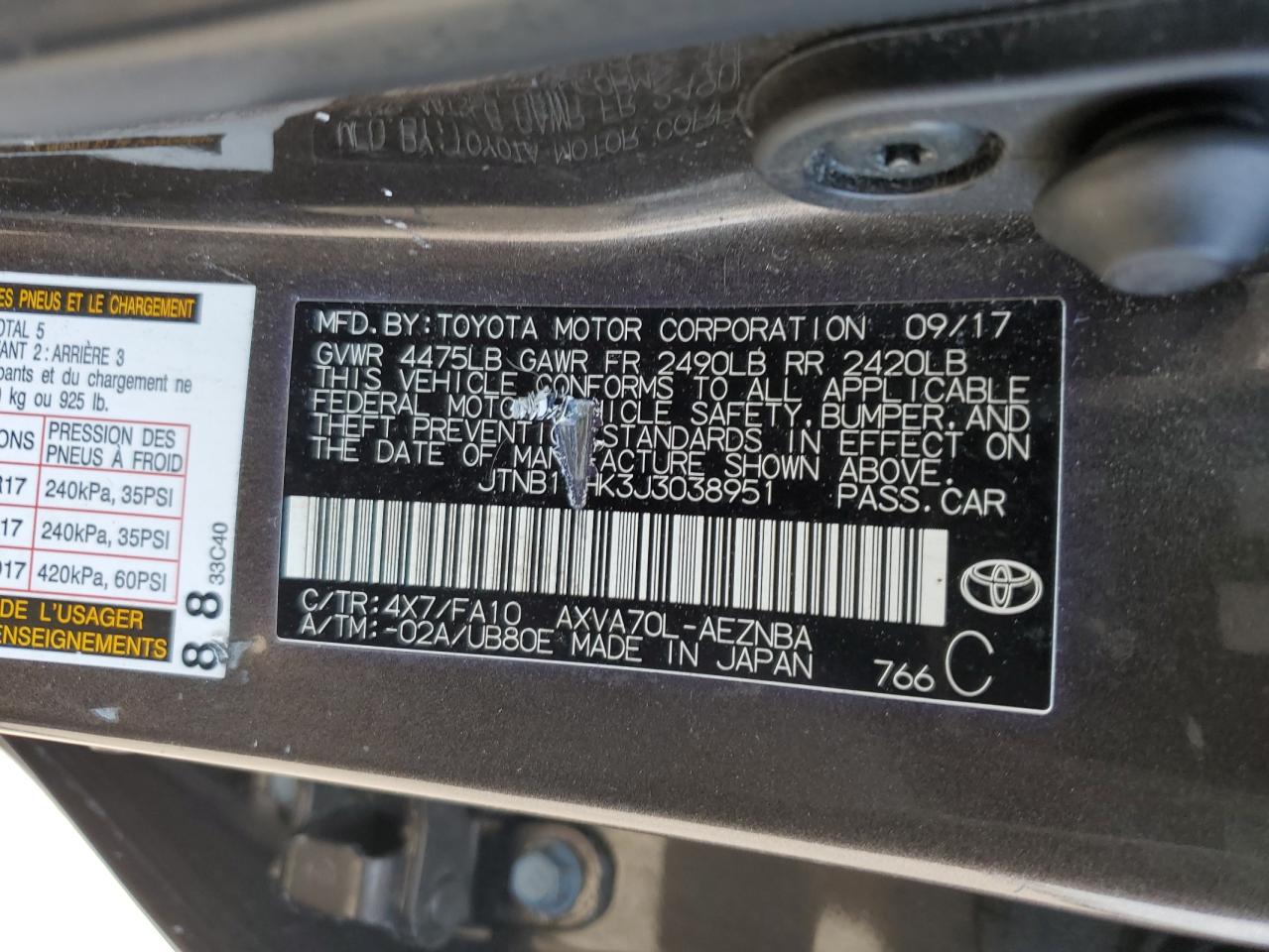 2018 Toyota Camry L VIN: JTNB11HK3J3038951 Lot: 64742335