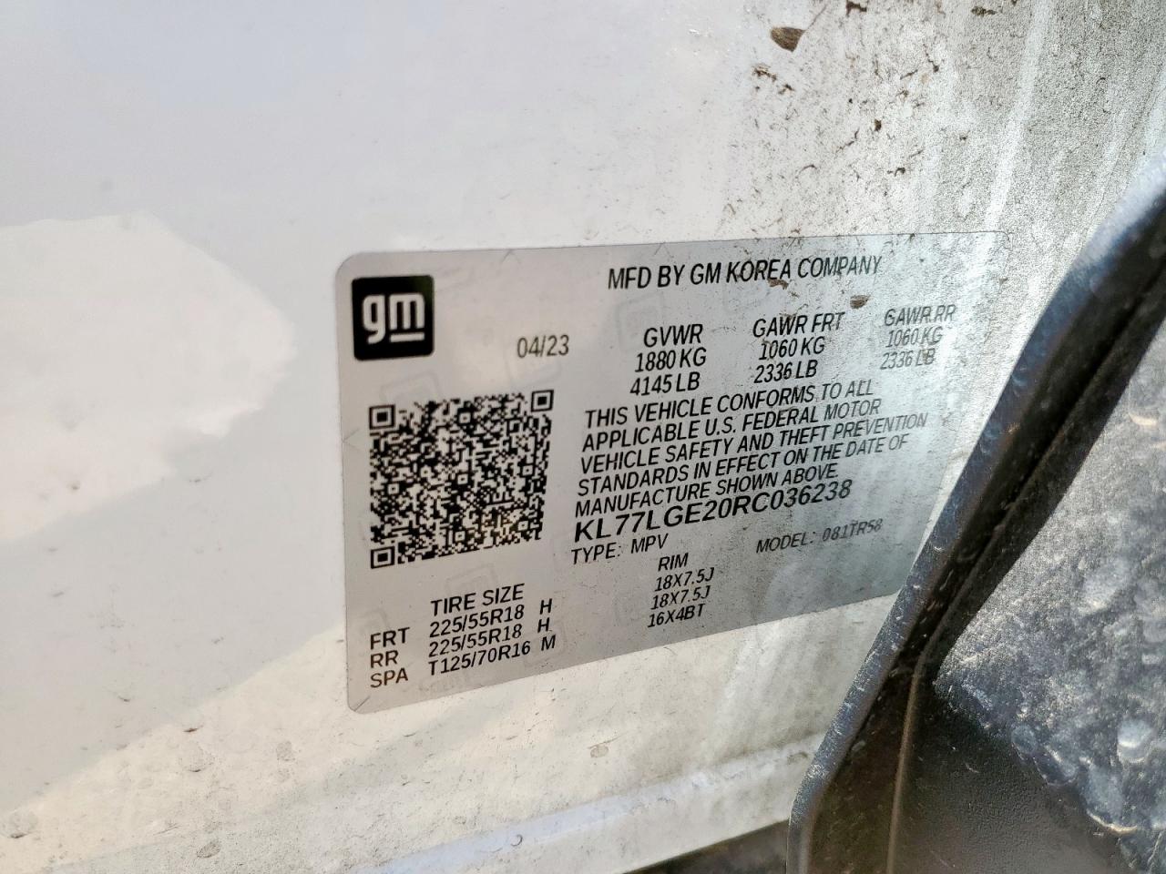 2024 Chevrolet Trax 1Rs VIN: KL77LGE20RC036238 Lot: 65429295