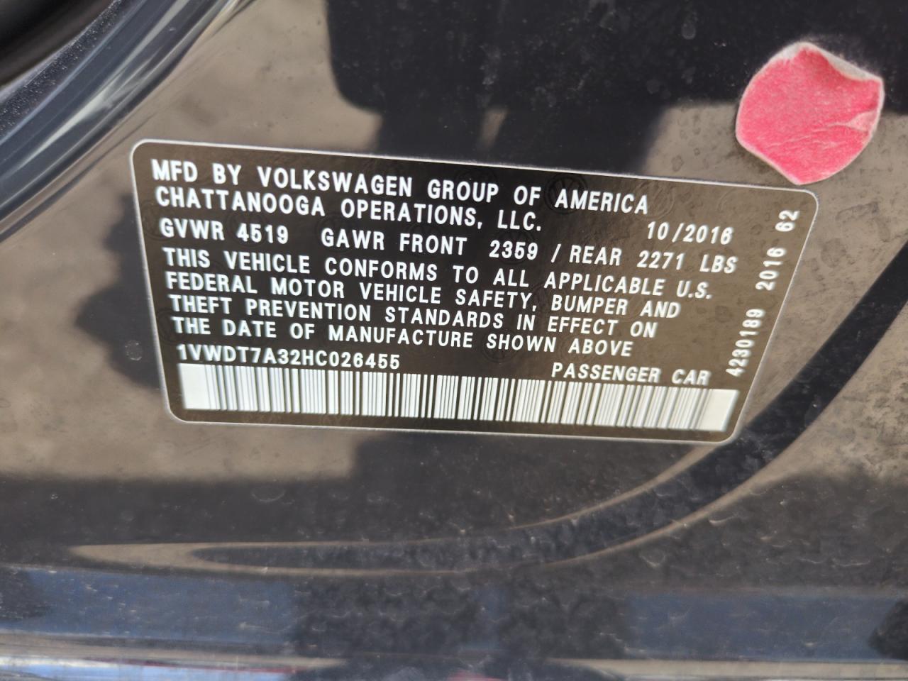 2017 Volkswagen Passat R-Line VIN: 1VWDT7A32HC026455 Lot: 64980595