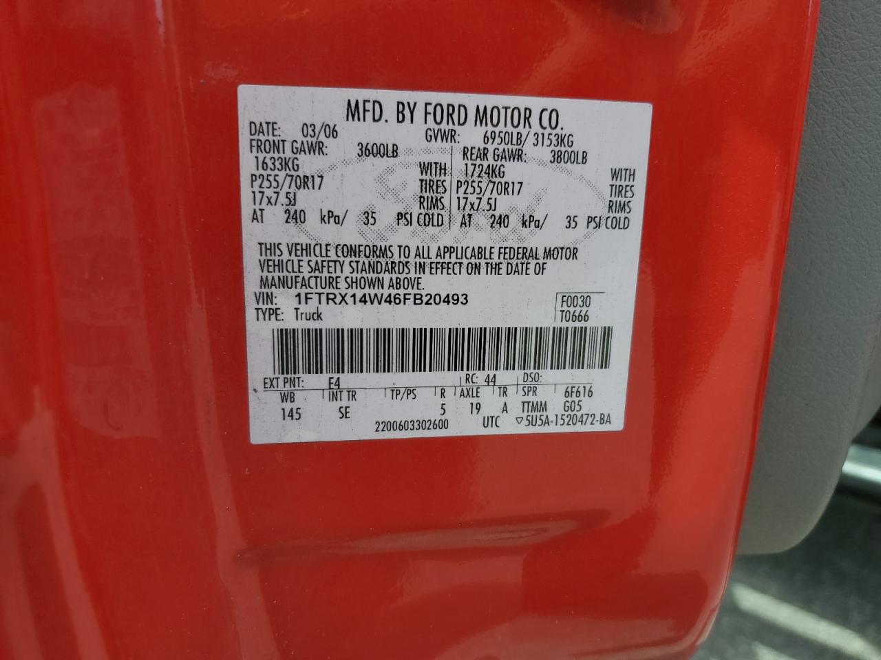2006 Ford F150 VIN: 1FTRX14W46FB20493 Lot: 64550685