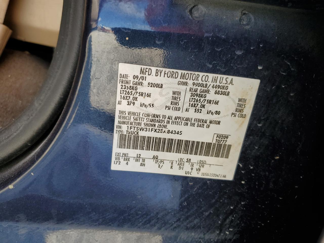 2002 Ford F350 Srw Super Duty VIN: 1FTSW31FX2EA84345 Lot: 64071895