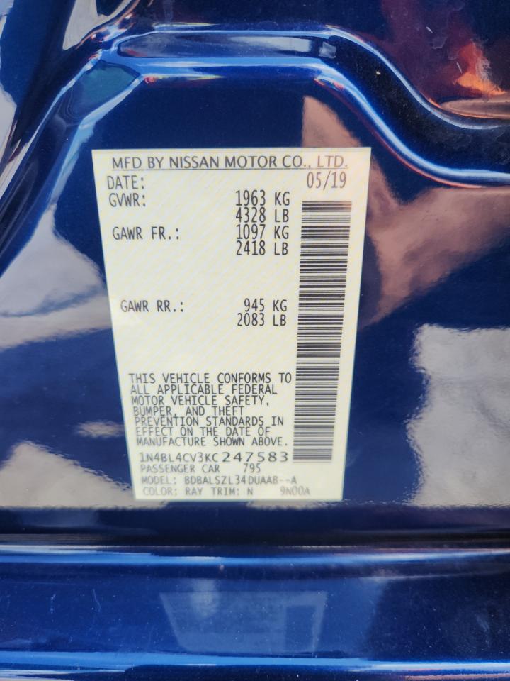 2019 Nissan Altima Sr VIN: 1N4BL4CV3KC247583 Lot: 64735455