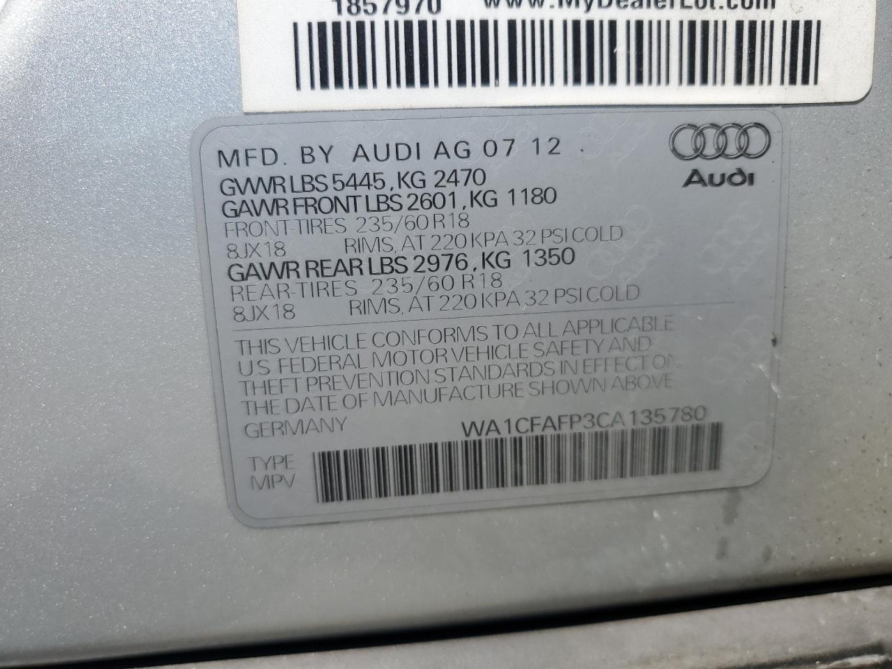 2012 Audi Q5 Premium VIN: WA1CFAFP3CA135780 Lot: 64635525