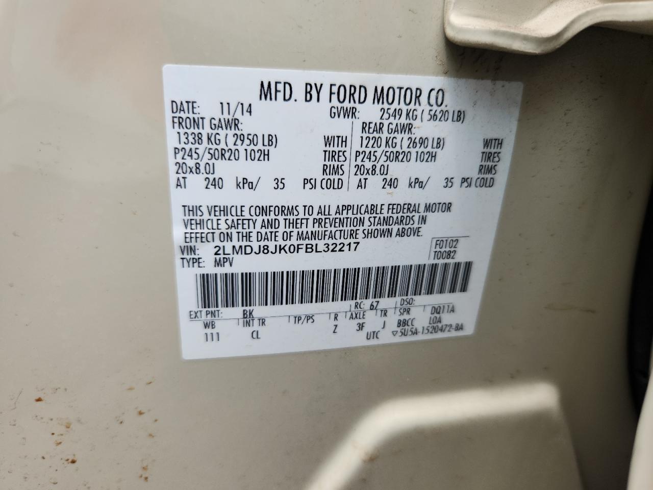 2015 Lincoln Mkx VIN: 2LMDJ8JK0FBL32217 Lot: 63747865