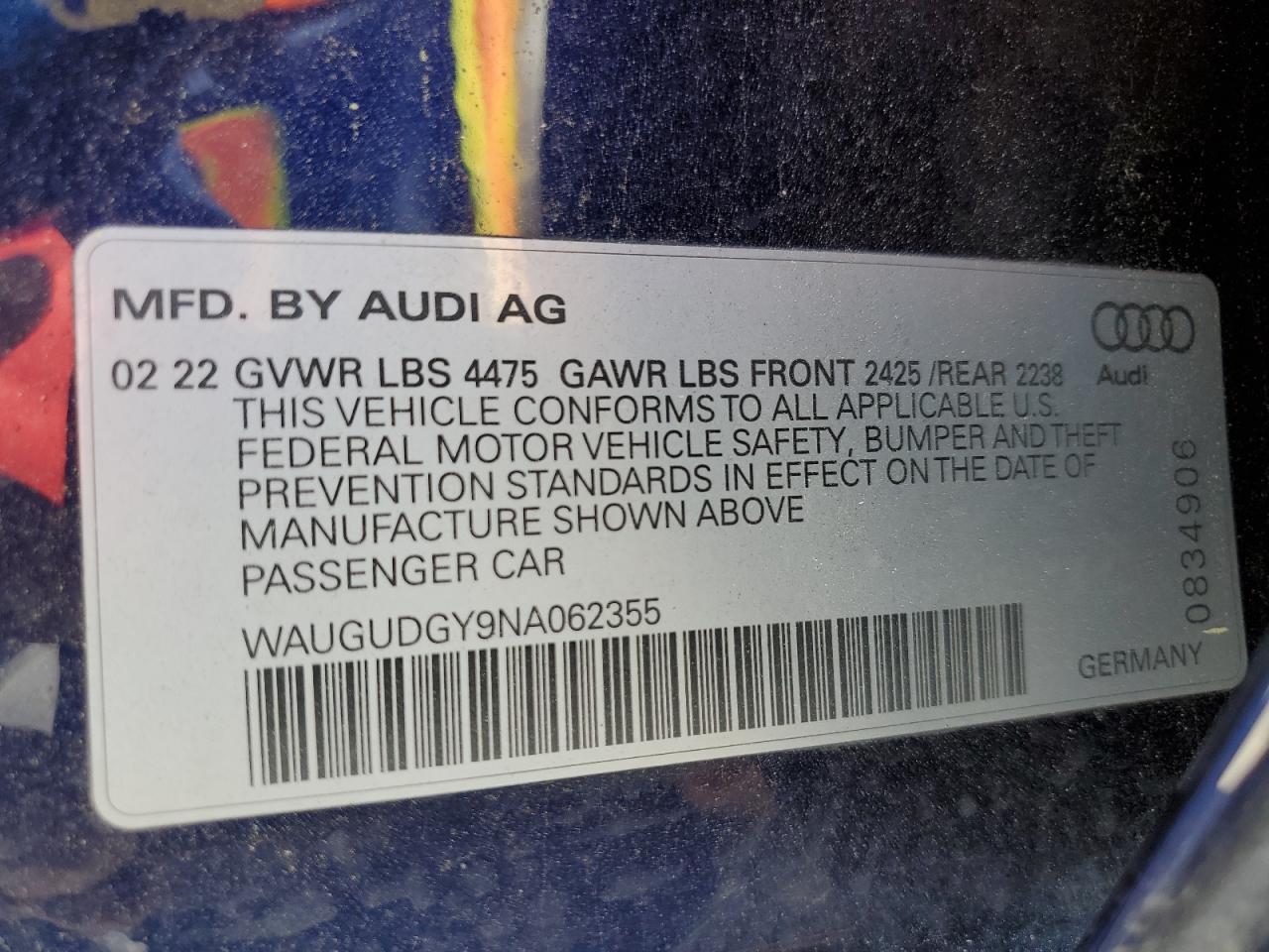 2022 Audi A3 Premium VIN: WAUGUDGY9NA062355 Lot: 63215885