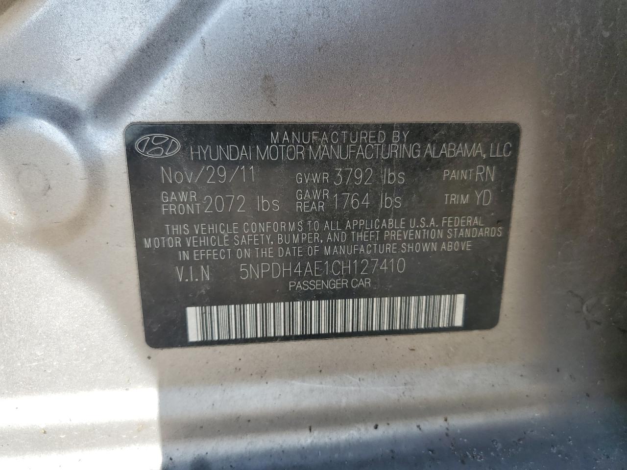 2012 Hyundai Elantra Gls VIN: 5NPDH4AE1CH127410 Lot: 65280155