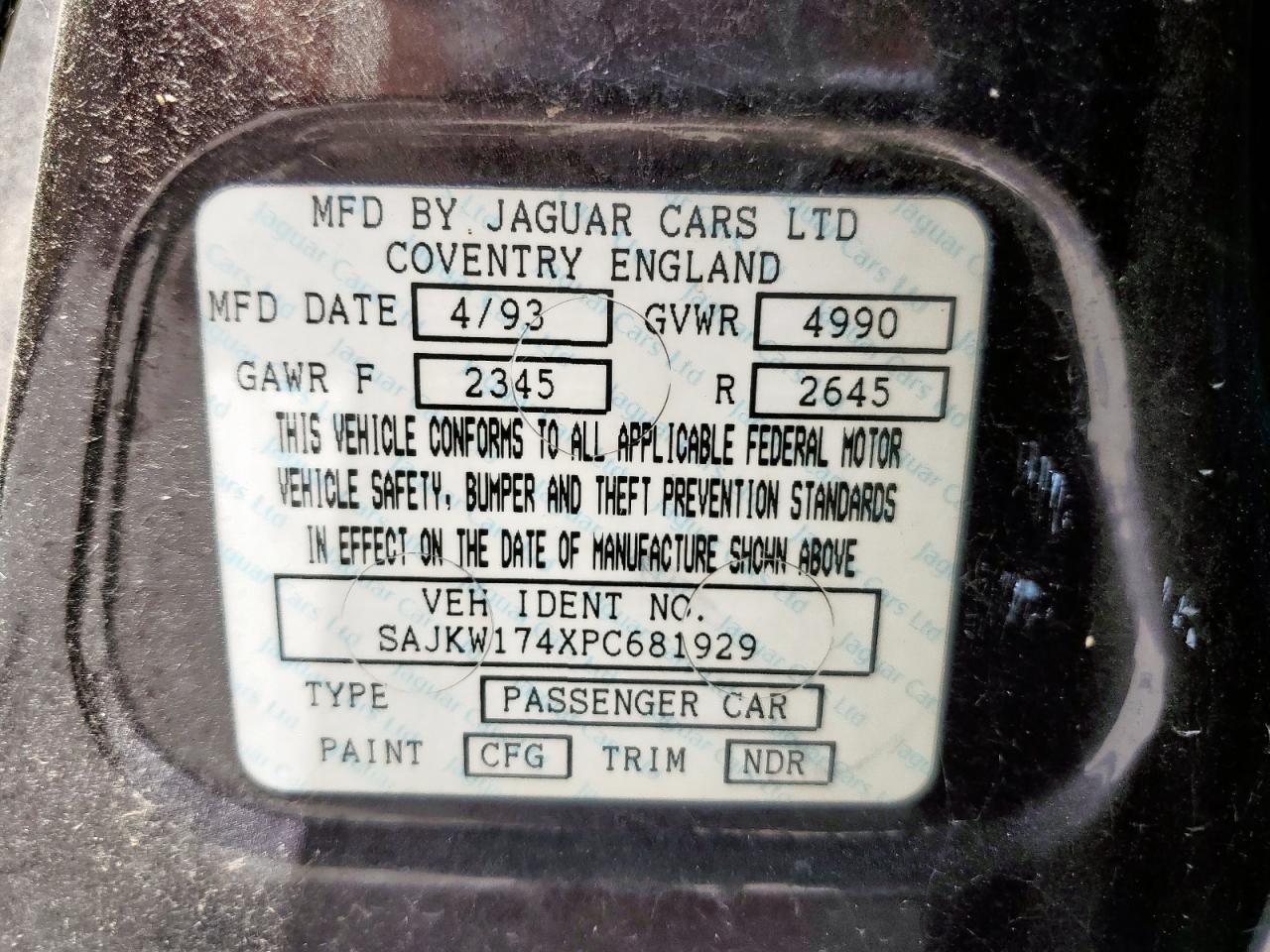 1993 Jaguar Xj6 Vanden Plas VIN: SAJKW174XPC681929 Lot: 63790895