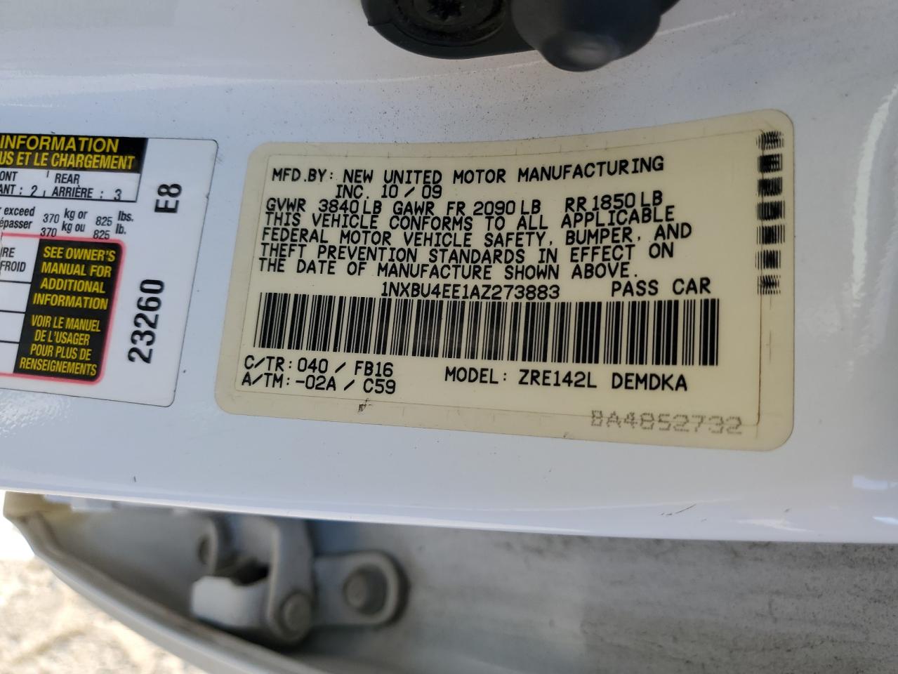 2010 Toyota Corolla Base VIN: 1NXBU4EE1AZ273883 Lot: 65038025