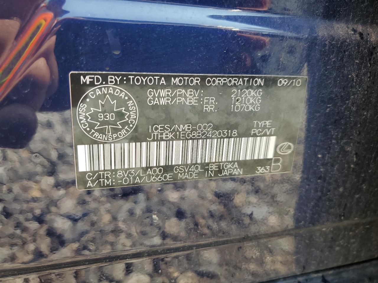 2011 Lexus Es 350 VIN: JTHBK1EG8B2420318 Lot: 64980495