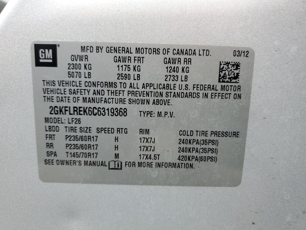 2012 GMC Terrain Sle VIN: 2GKFLREK6C6319368 Lot: 64136845