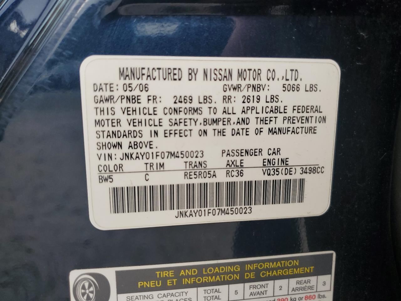 2007 Infiniti M35 Base VIN: JNKAY01F07M450023 Lot: 65055055
