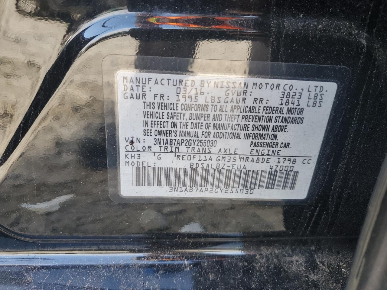 3n1ab7ap2gy255030 3N1AB7AP2GY255030 2016 Nissan Sentra S