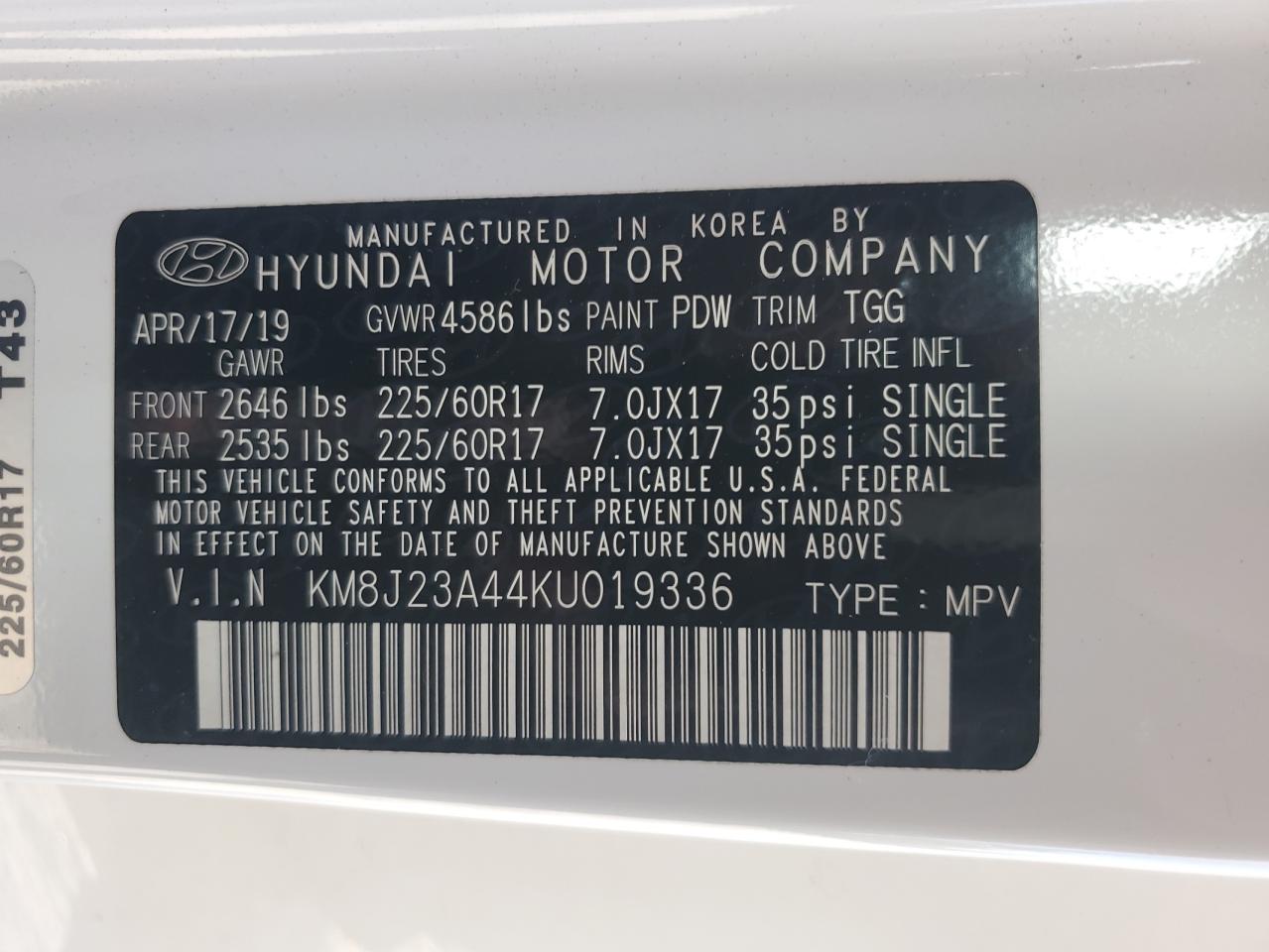 2019 Hyundai Tucson Se VIN: KM8J23A44KU019336 Lot: 64648025