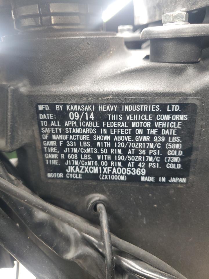 jkazxcm1xfa005369 JKAZXCM1XFA005369 2015 Kawasaki Zx1000 M
