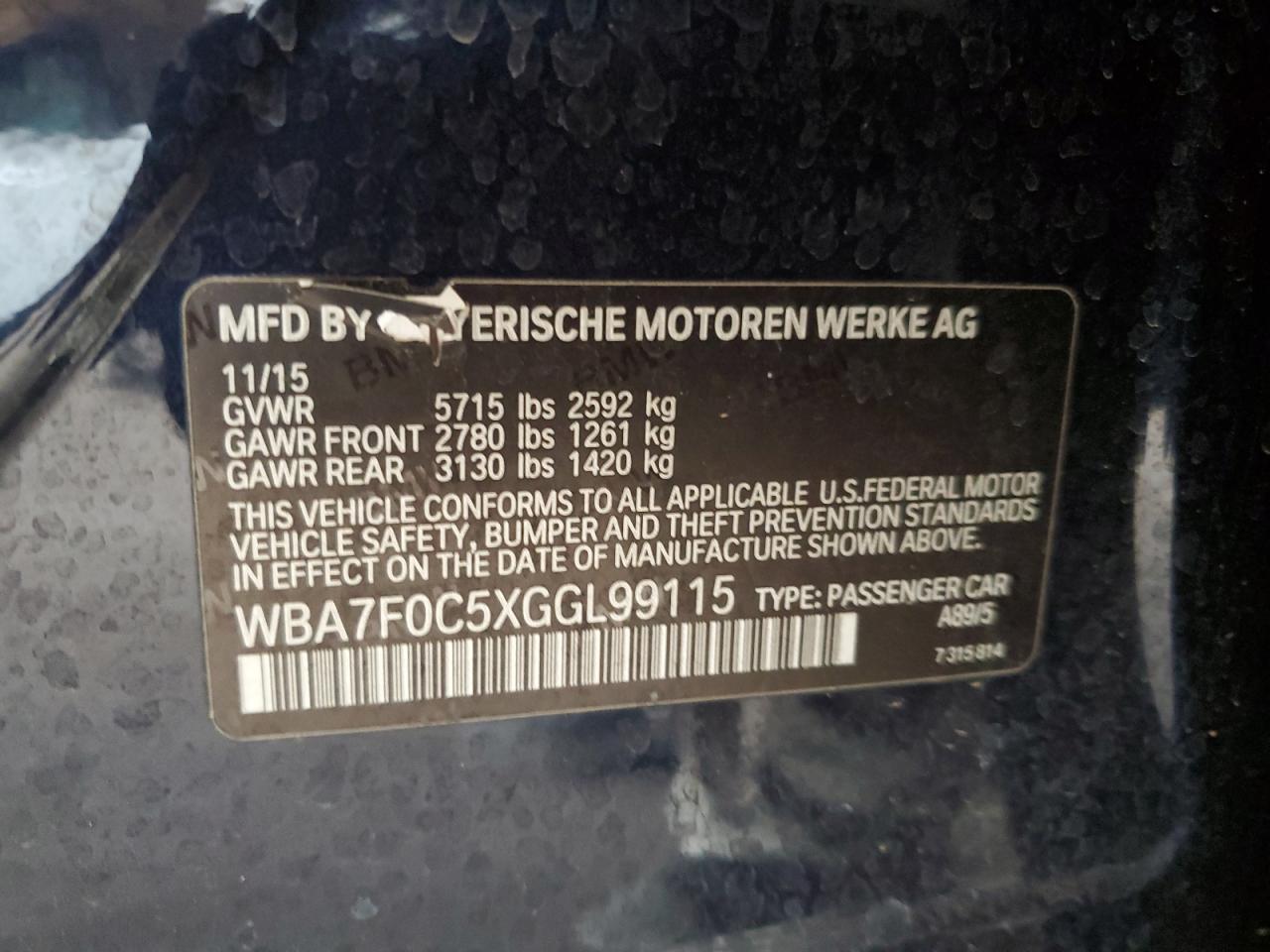 2016 BMW 750 I VIN: WBA7F0C5XGGL99115 Lot: 65112705