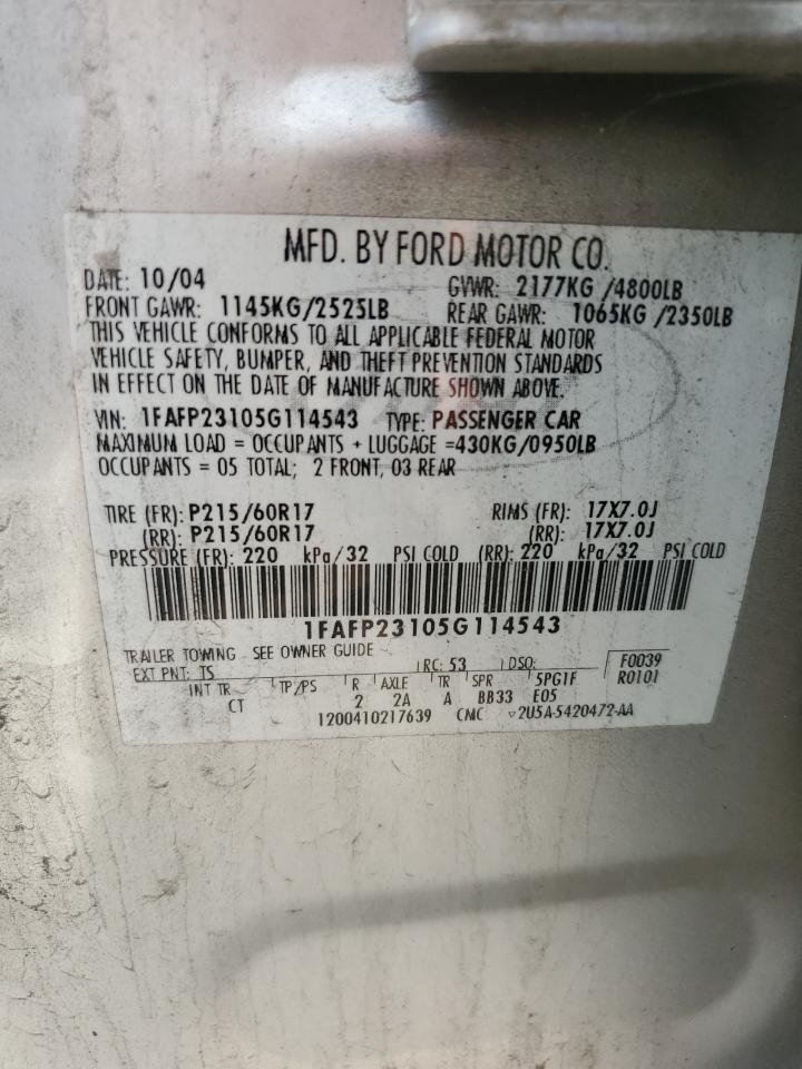 2005 Ford Five Hundred Se VIN: 1FAFP23105G114543 Lot: 64862265