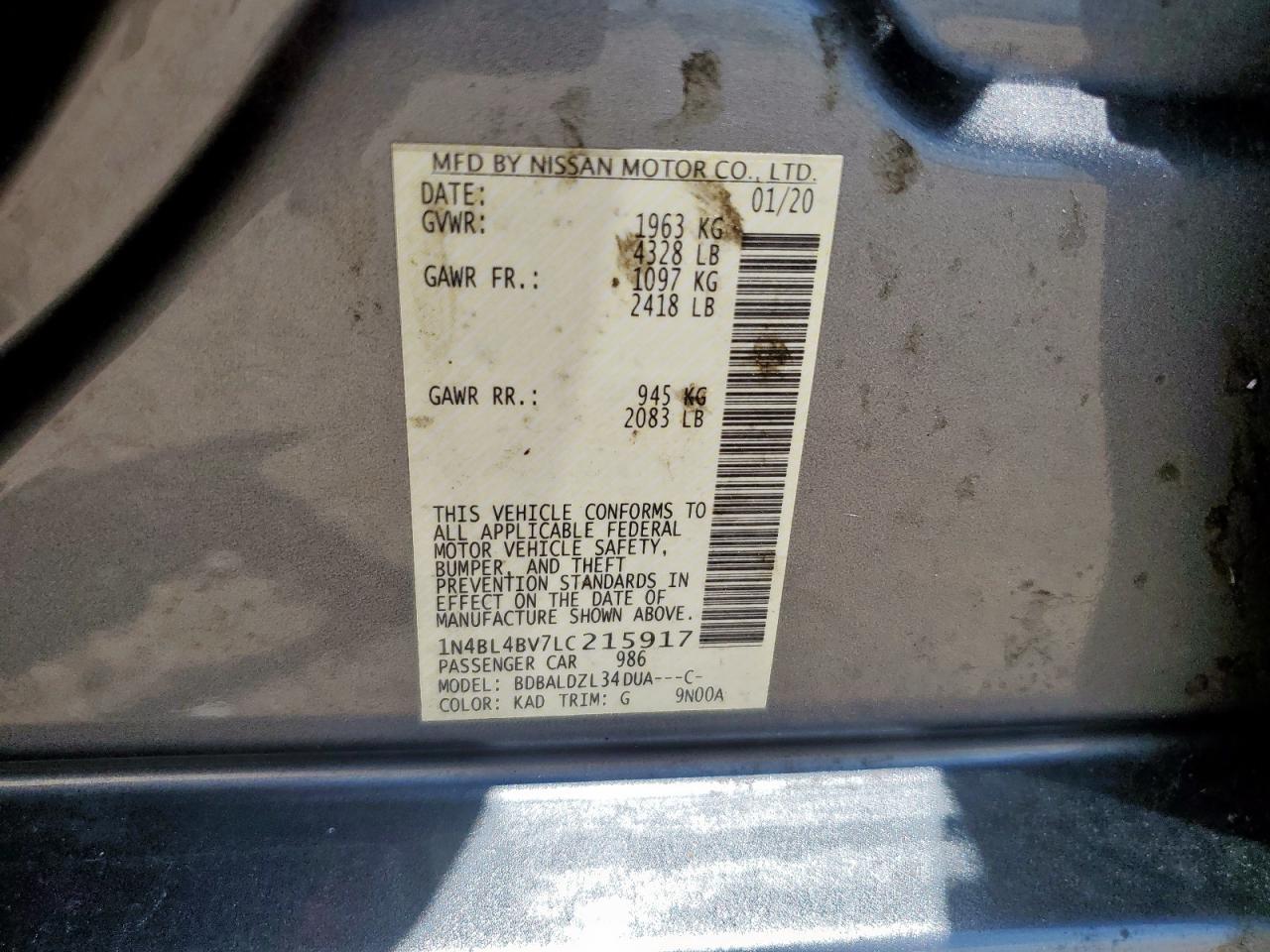 2020 Nissan Altima S VIN: 1N4BL4BV7LC215917 Lot: 64380485