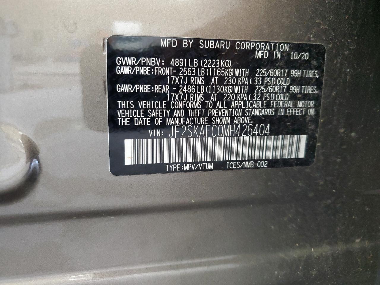 2021 Subaru Forester Premium VIN: JF2SKAFC0MH426404 Lot: 63286055