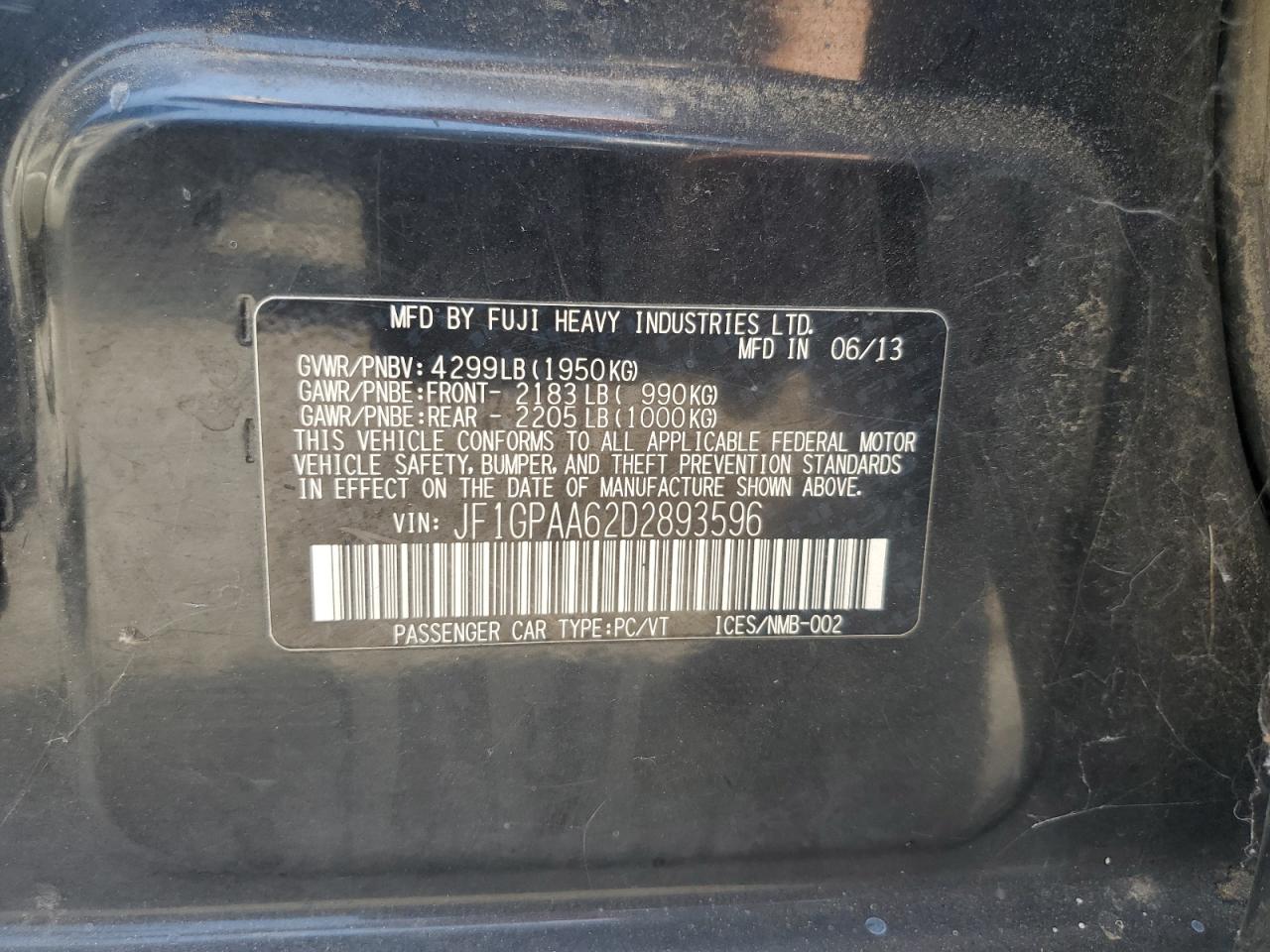 2013 Subaru Impreza VIN: JF1GPAA62D2893596 Lot: 65280825