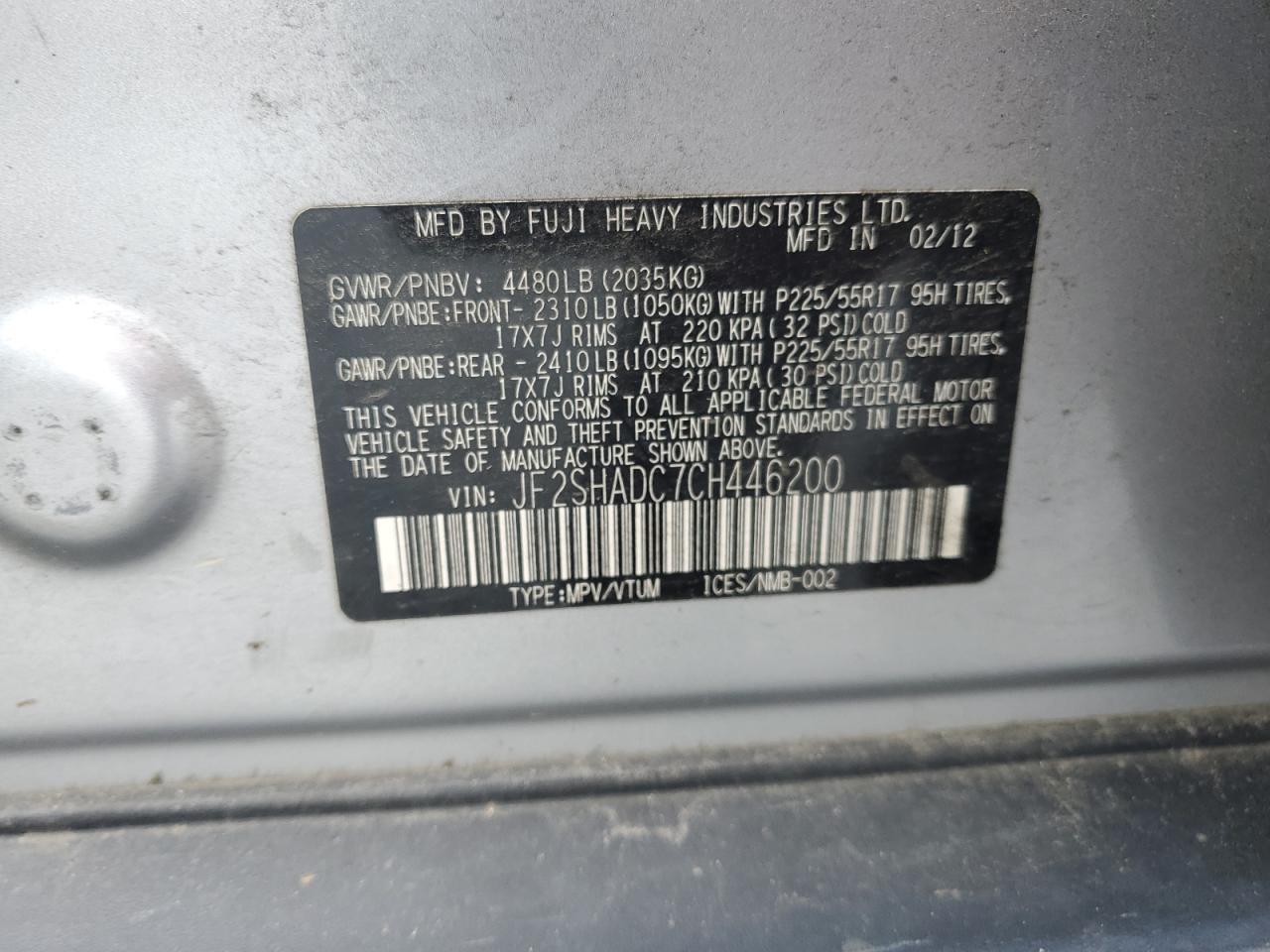 2012 Subaru Forester 2.5X Premium VIN: JF2SHADC7CH446200 Lot: 65125735