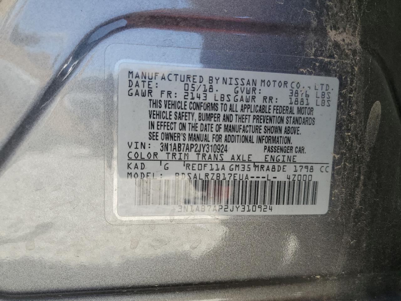 2018 Nissan Sentra S VIN: 3N1AB7AP2JY310924 Lot: 62950225